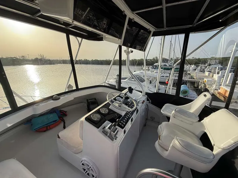 Slide: The Image of Interior of 1995 Luhrs Tournament 350 yacht at sunset. - 2