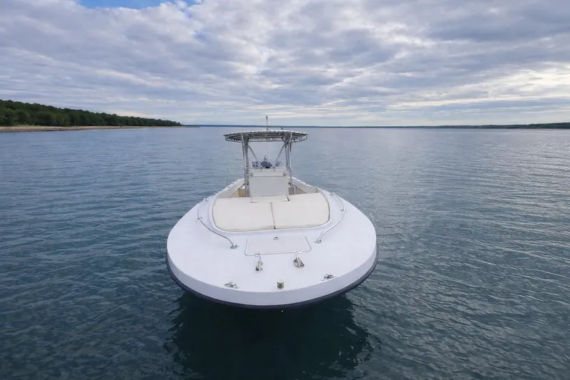 Slide: The Image of Dusky 252 boat on calm water under cloudy sky, 2017 model. - 2