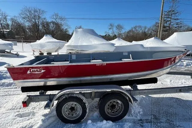 Slide: The Image of 2026 Lund SSV-16 boat on trailer in snowy outdoor setting. - 19