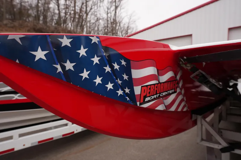 Slide: The Image of Red Doug Wright 32 boat with American flag design, 2019 model, at Performance Sport Center. - 5