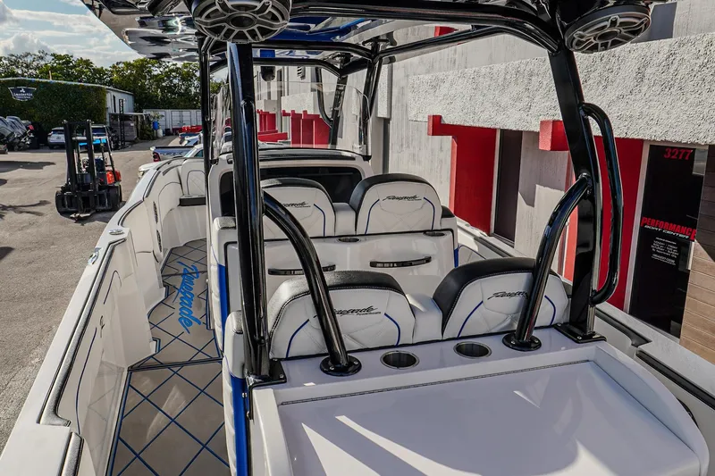 Slide: The Image of 2024 Renegade 38 Open boat interior with sleek seating and modern design. - 12