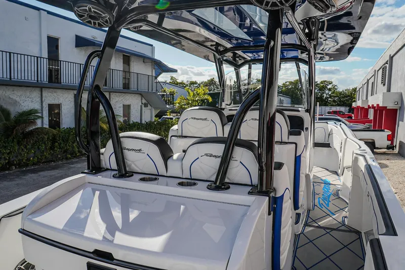 Slide: The Image of 2024 Renegade 38 Open boat interior with sleek seating and modern design. - 13