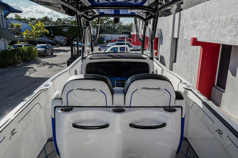 Slide: The Image of 2024 Renegade 38 Open boat interior with sleek seating and modern design. - 16