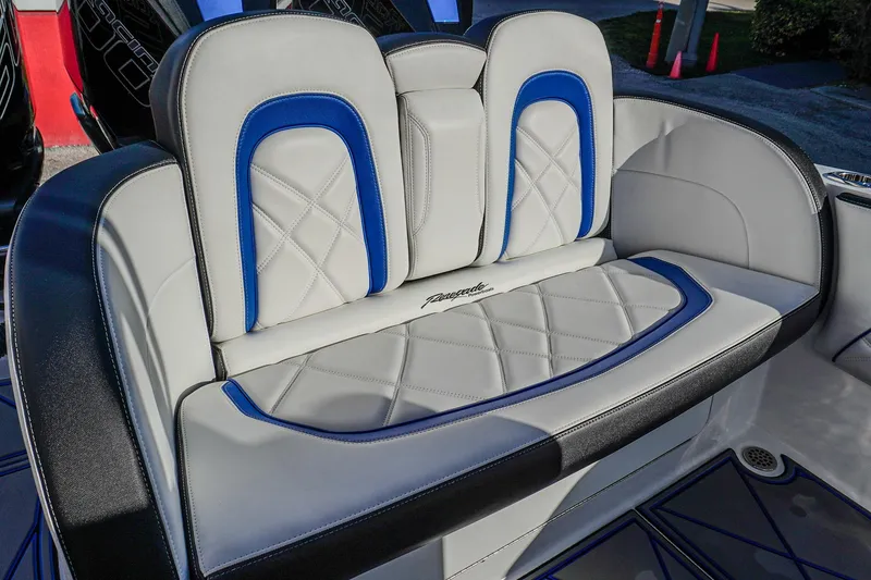 Slide: The Image of 2024 Renegade 38 Open boat seating with blue and white upholstery. - 35