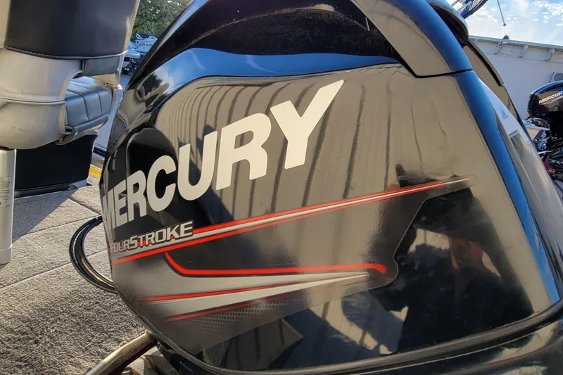 Slide: The Image of Mercury FourStroke engine on 2018 Bass Tracker Pro 16 boat, close-up view. - 12
