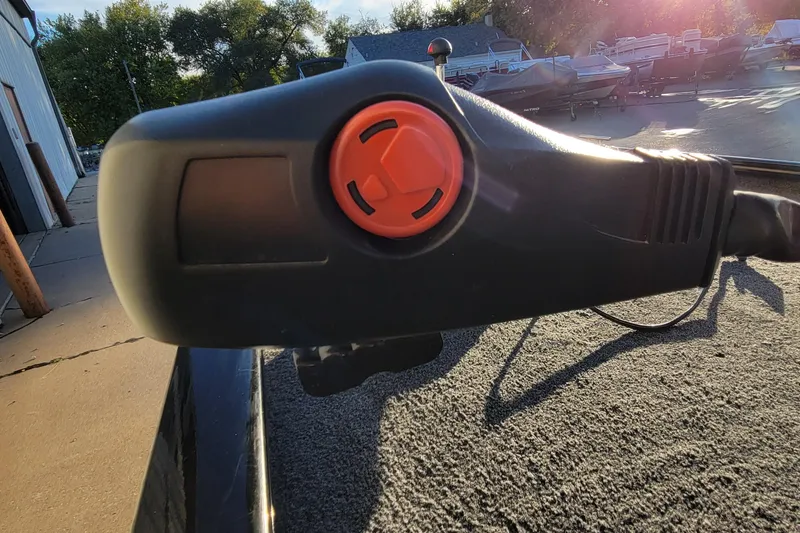 Slide: The Image of Bass Tracker Pro 16 boat detail, 2018 model, with red control knob in sunlight. - 22