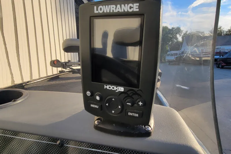 Slide: The Image of Lowrance Hook 3x fish finder on 2018 Bass Tracker Pro 16 boat dashboard. - 8
