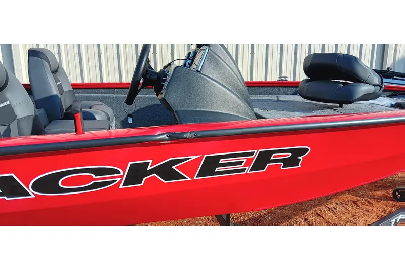 Slide: The Image of Red 2026 Tracker Pro Team 175 boat with black seats and steering console. - 10