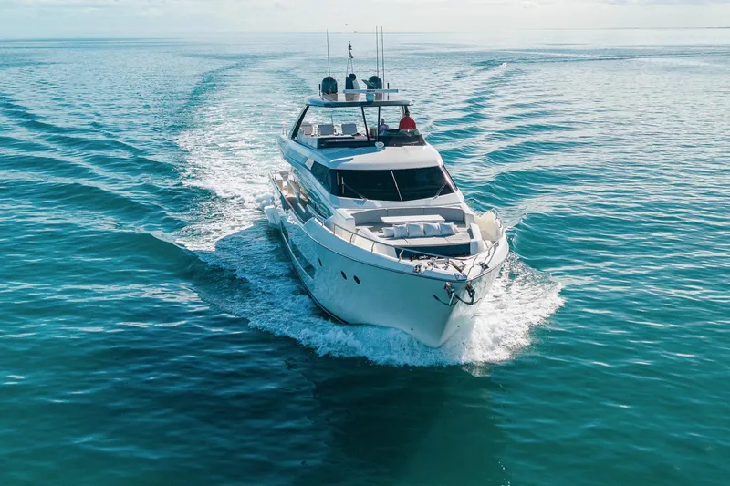 Slide: The Image of 2018 Ferretti Yachts 850 cruising on open sea, showcasing luxury and elegance. - 13