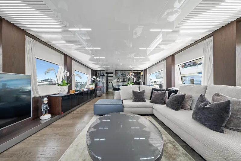 Slide: The Image of Luxurious interior of 2018 Ferretti Yachts 850 with modern decor and plush seating. - 17