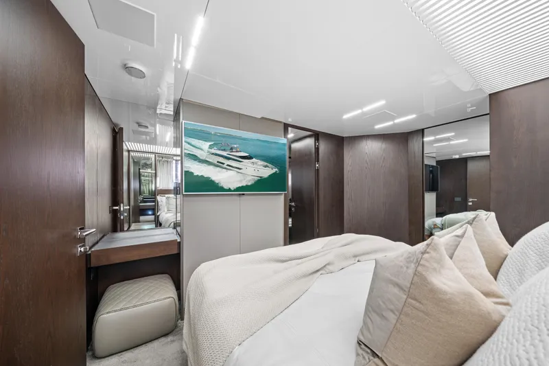 Slide: The Image of Luxurious bedroom interior of 2018 Ferretti Yachts 850, featuring modern design and elegant furnishings. - 46