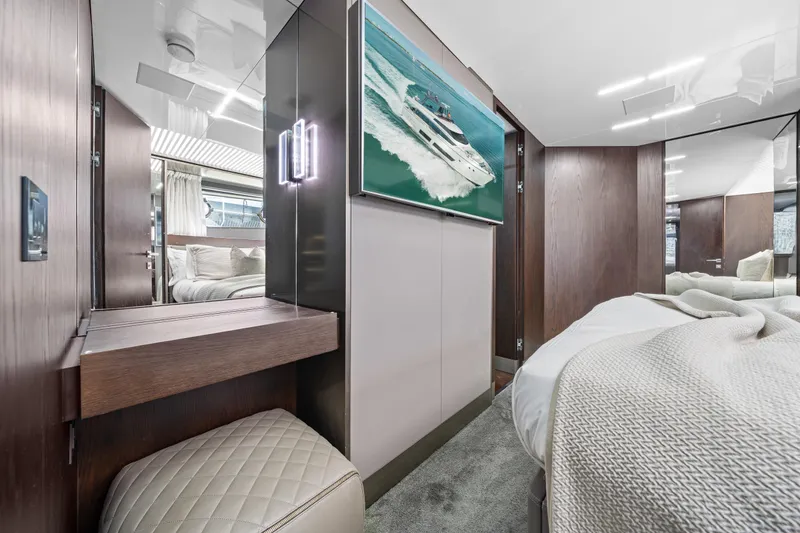 Slide: The Image of Luxurious 2018 Ferretti Yachts 850 interior with elegant bedroom and modern decor. - 48