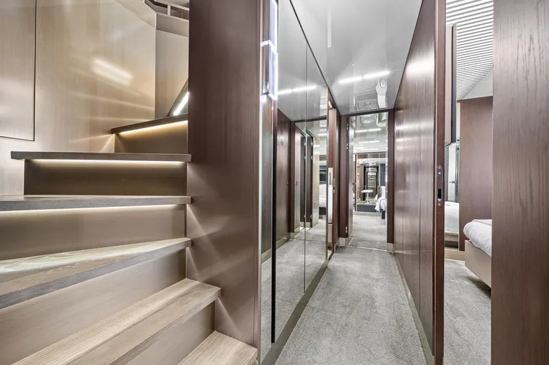 Slide: The Image of Luxurious interior of 2018 Ferretti Yachts 850, featuring elegant stairs and modern design. - 49