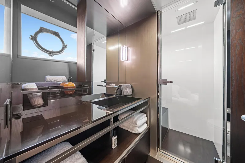 Slide: The Image of Luxurious bathroom in 2018 Ferretti Yachts 850, featuring sleek design and modern amenities. - 53