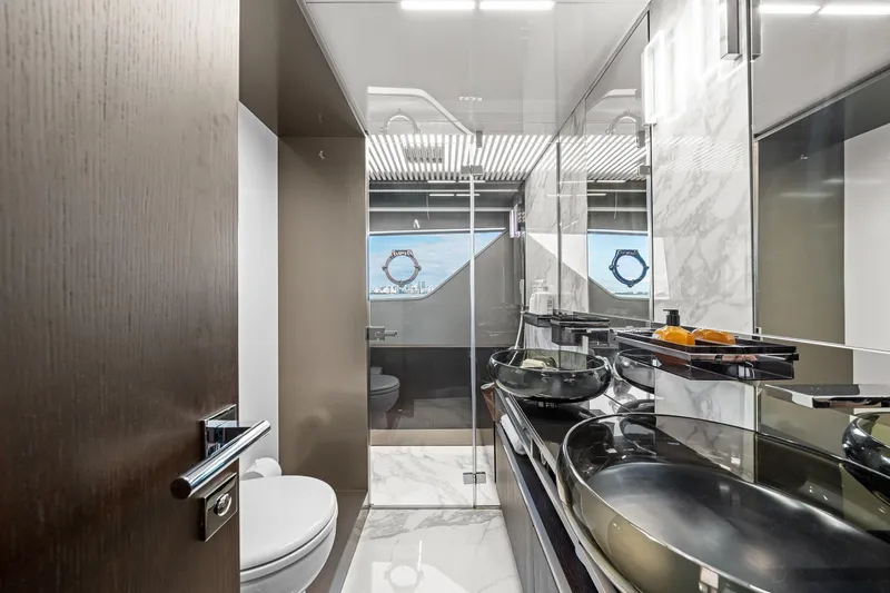 Slide: The Image of Luxurious bathroom interior of 2018 Ferretti Yachts 850 with modern fixtures and elegant design. - 67