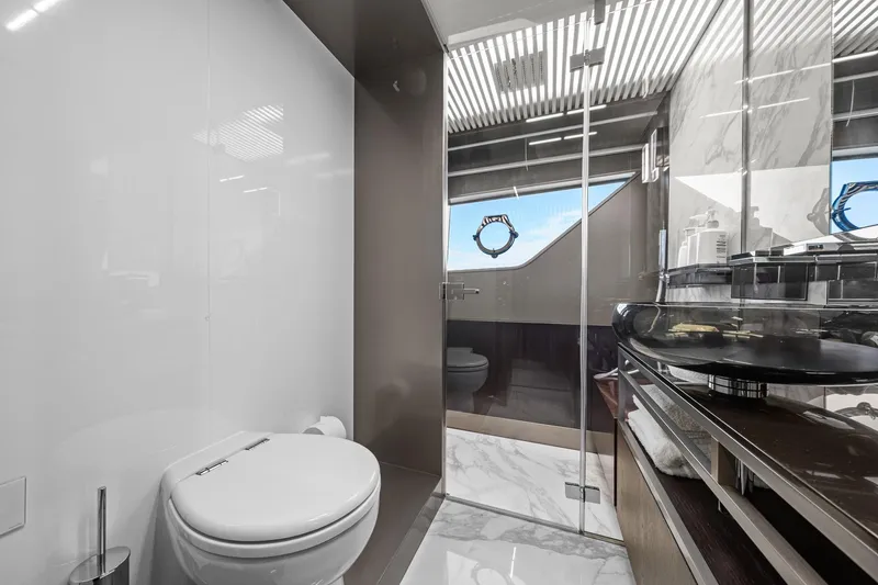 Slide: The Image of Luxurious bathroom in 2018 Ferretti Yachts 850, featuring modern fixtures and elegant design. - 68