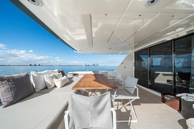 Slide: The Image of Luxurious 2018 Ferretti Yachts 850 deck with elegant seating and ocean view. - 77