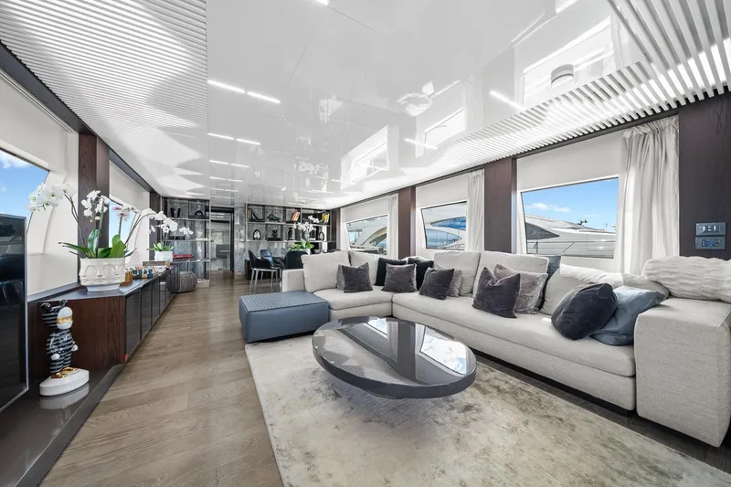 Slide: The Image of Luxurious interior of 2018 Ferretti Yachts 850 with modern decor and plush seating. - 16