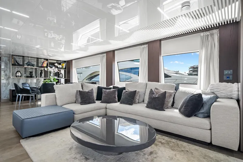 Slide: The Image of Luxurious interior of 2018 Ferretti Yachts 850 with modern decor and plush seating. - 18