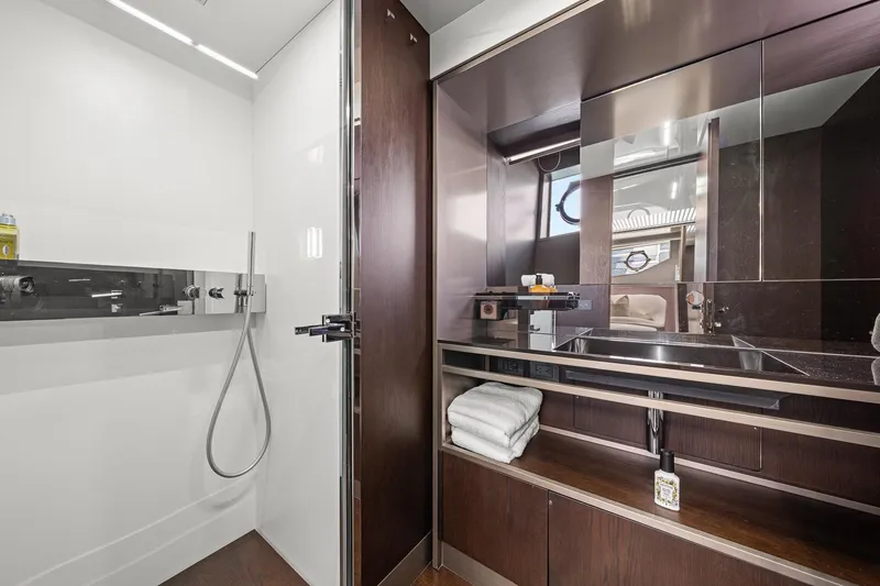 Slide: The Image of Luxurious bathroom in 2018 Ferretti Yachts 850, featuring modern fixtures and elegant design. - 44