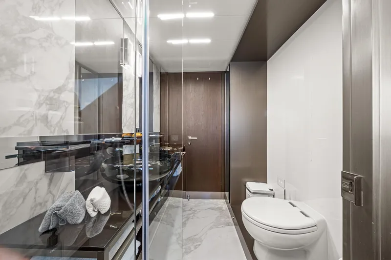 Slide: The Image of Luxurious bathroom on 2018 Ferretti Yachts 850, featuring modern design and elegant finishes. - 70