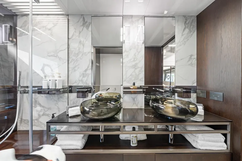 Slide: The Image of Luxurious bathroom in 2018 Ferretti Yachts 850 with marble and glass accents. - 71