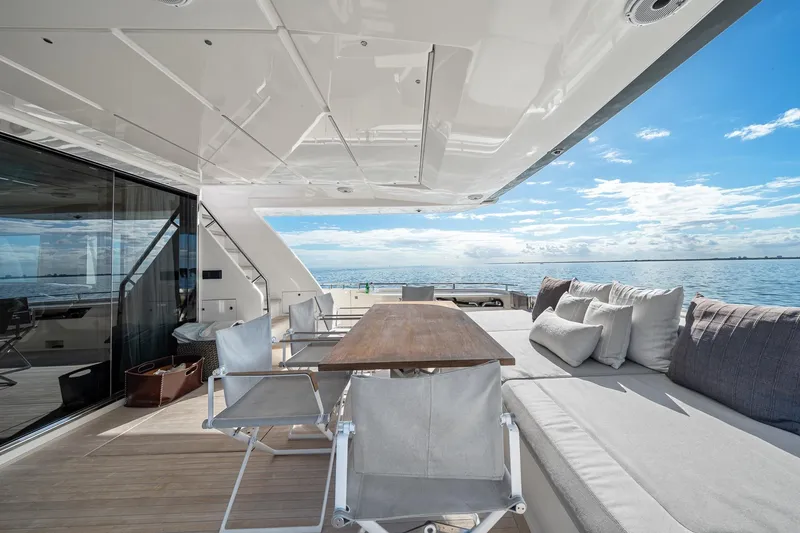 Slide: The Image of Luxurious 2018 Ferretti Yachts 850 deck with elegant seating and ocean view. - 80