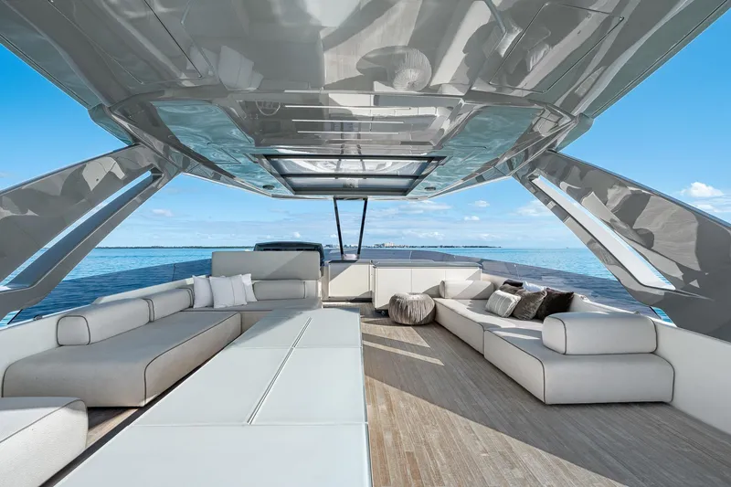 Slide: The Image of Luxurious 2018 Ferretti Yachts 850 with spacious deck and modern seating. - 84