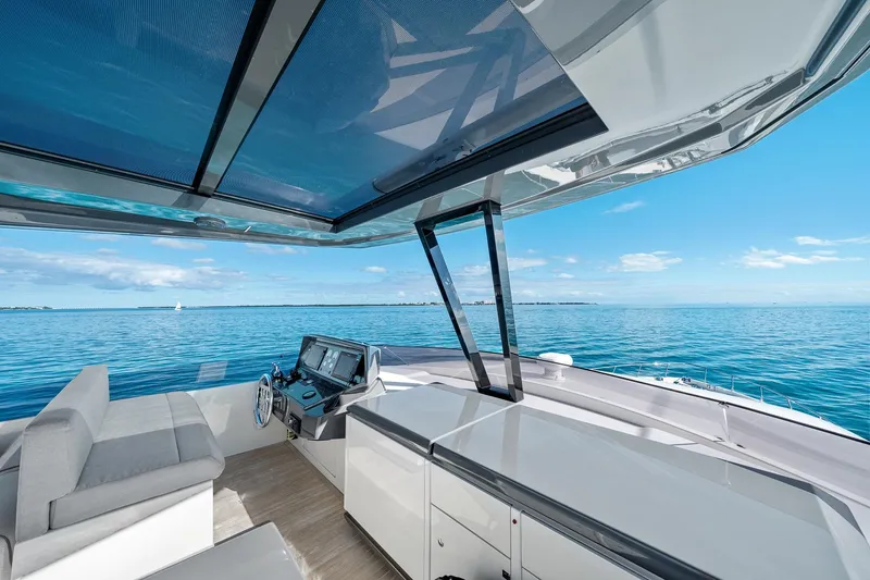 Slide: The Image of Luxurious 2018 Ferretti Yachts 850 with sleek interior and stunning ocean view. - 89