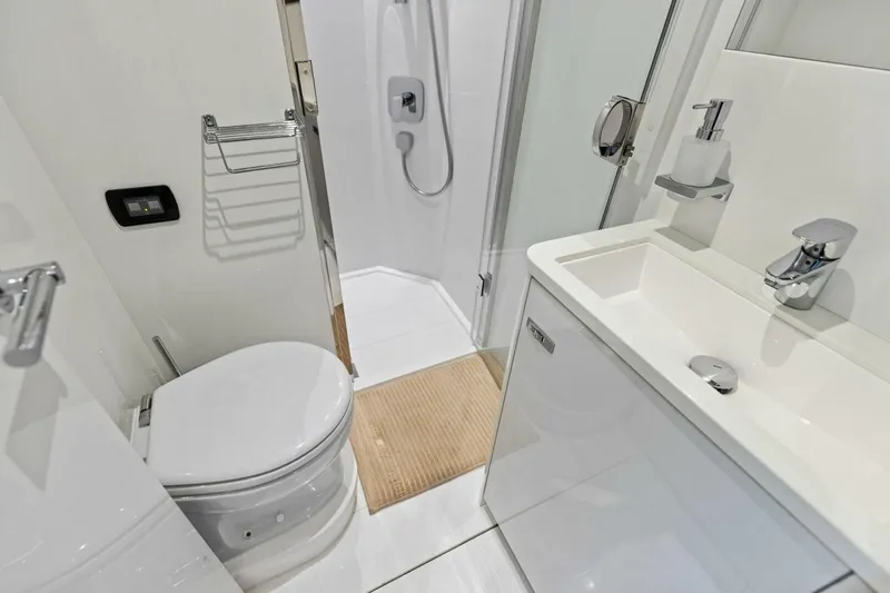 Slide: The Image of Luxurious bathroom in 2024 Princess X80 yacht, featuring modern fixtures and sleek design. - 120