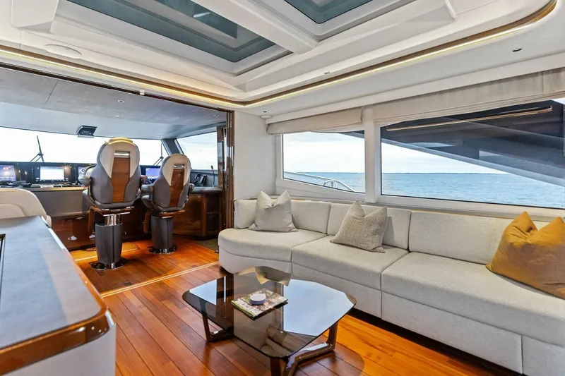 Slide: The Image of Luxurious interior of 2024 Princess X80 yacht with modern seating and ocean view. - 13