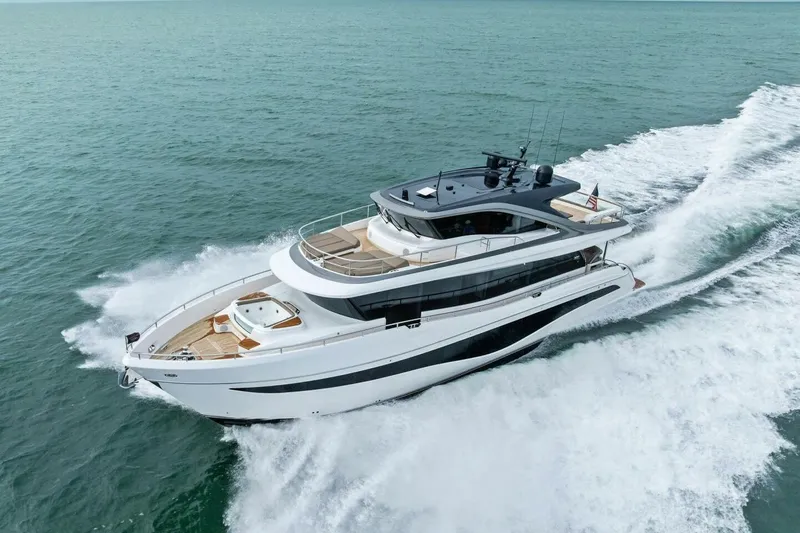 Slide: The Image of Luxurious 2024 Princess X80 yacht cruising on open sea, showcasing sleek design and elegance. - 143
