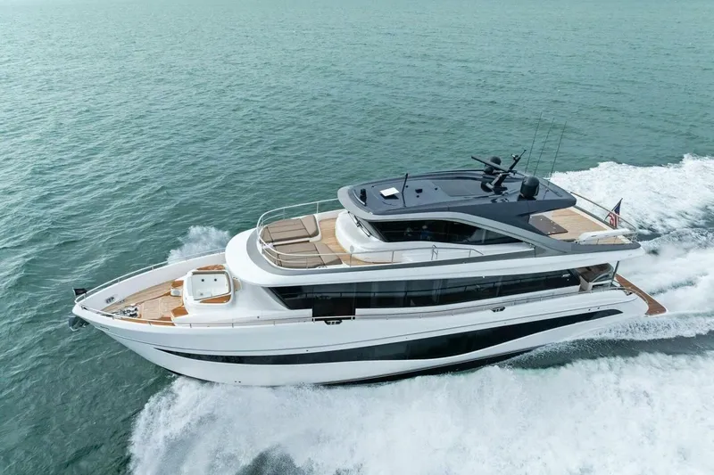Slide: The Image of 2024 Princess X80 yacht cruising on open water, showcasing sleek design and luxury features. - 144
