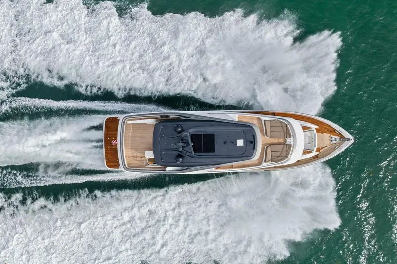 Slide: The Image of Top view of 2024 Princess X80 yacht cruising on open water. - 151