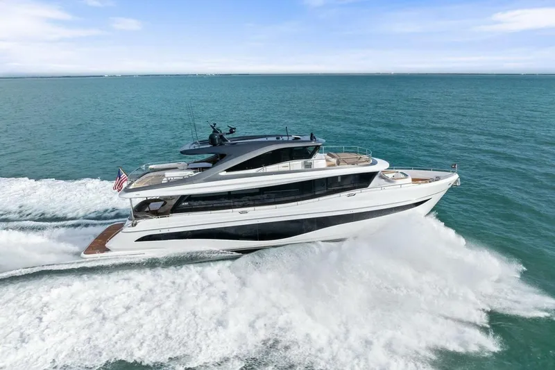 Slide: The Image of 2024 Princess X80 yacht cruising on open sea, showcasing sleek design and luxury features. - 152