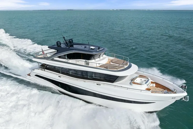 Slide: The Image of Luxurious 2024 Princess X80 yacht cruising on open sea, showcasing sleek design and elegance. - 155