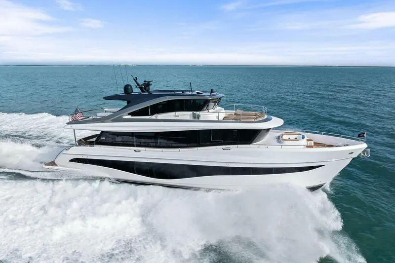 Slide: The Image of 2024 Princess X80 yacht cruising on open sea, showcasing sleek design and luxury features. - 157