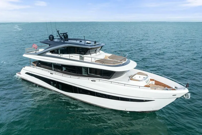 Slide: The Image of Luxurious 2024 Princess X80 yacht cruising on open sea, showcasing sleek design and elegance. - 161
