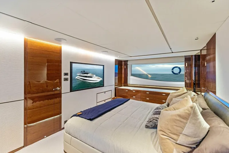 Slide: The Image of Luxurious bedroom interior of 2024 Princess X80 yacht with ocean view and modern decor. - 42