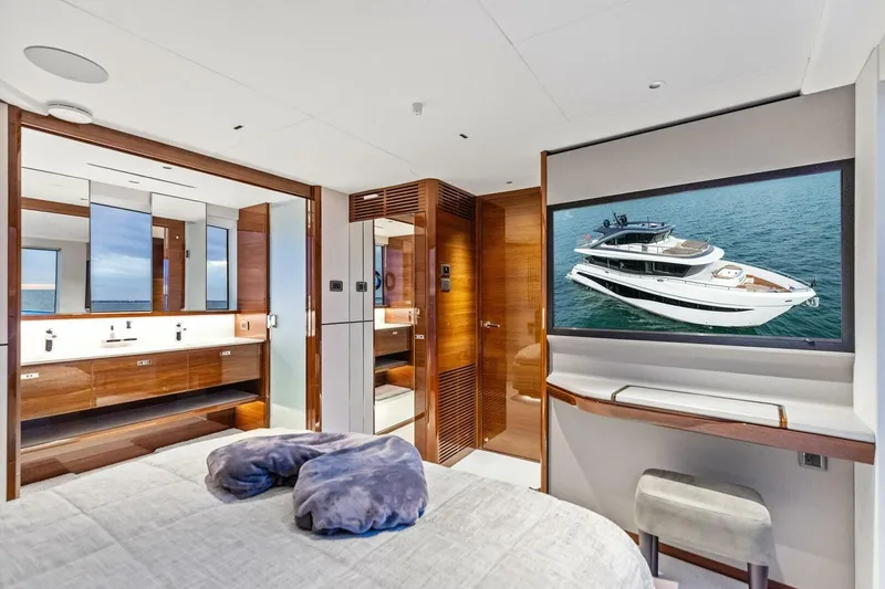 Slide: The Image of Luxurious 2024 Princess X80 yacht interior with modern bedroom and bathroom design. - 61