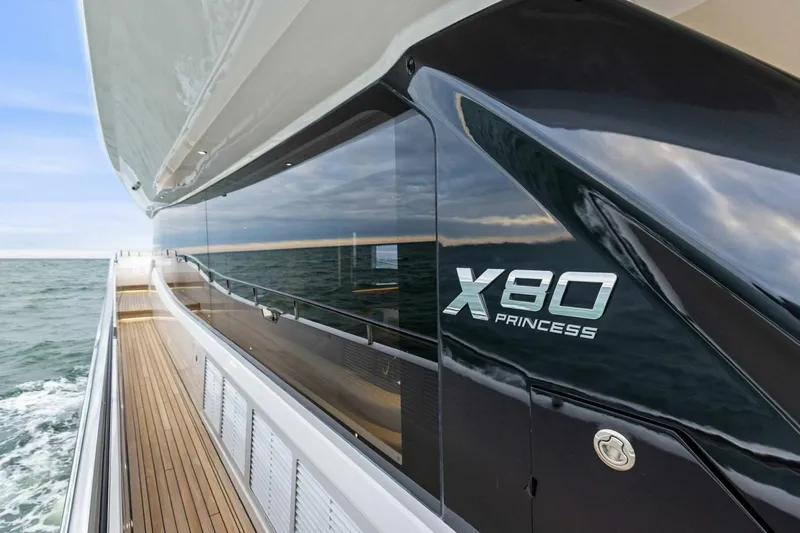 Slide: The Image of 2024 Princess X80 yacht cruising on open sea, showcasing sleek design and luxury features. - 92