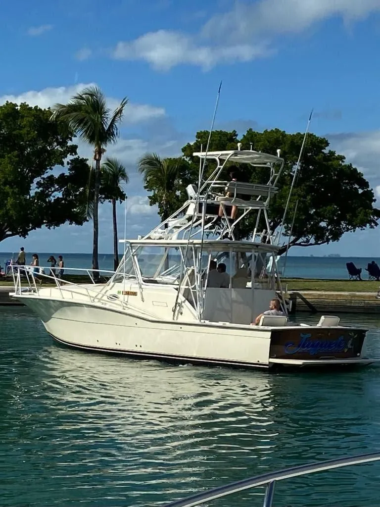 The Image of 1988 Atlantic 34 Express boat on calm water with palm trees in background. - 0