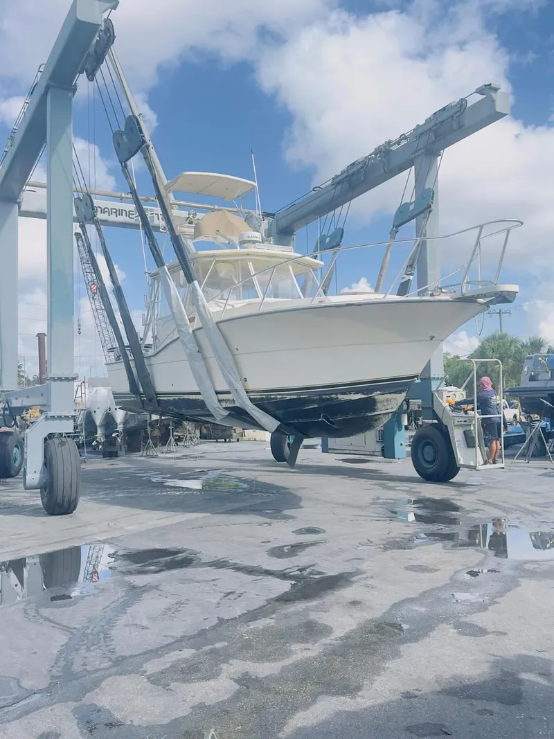 Slide: The Image of 1988 Atlantic 34 Express on a boat lift at the marina. - 31