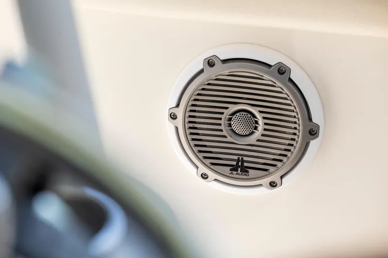 Slide: The Image of JL Audio speaker on 2017 Boston Whaler 350 Outrage boat. - 23