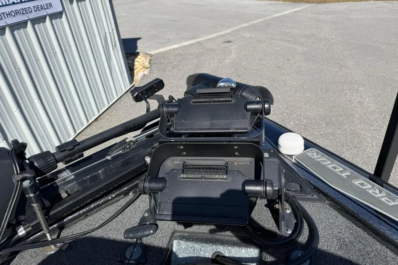 Slide: The Image of 2020 Blazer 625 Pro Elite boat controls and equipment at dealership. - 11