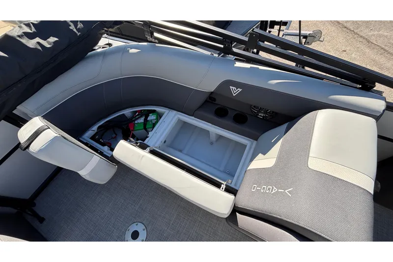 Slide: The Image of 2026 Viaggio X24U boat interior with open storage compartment and seating area. - 18