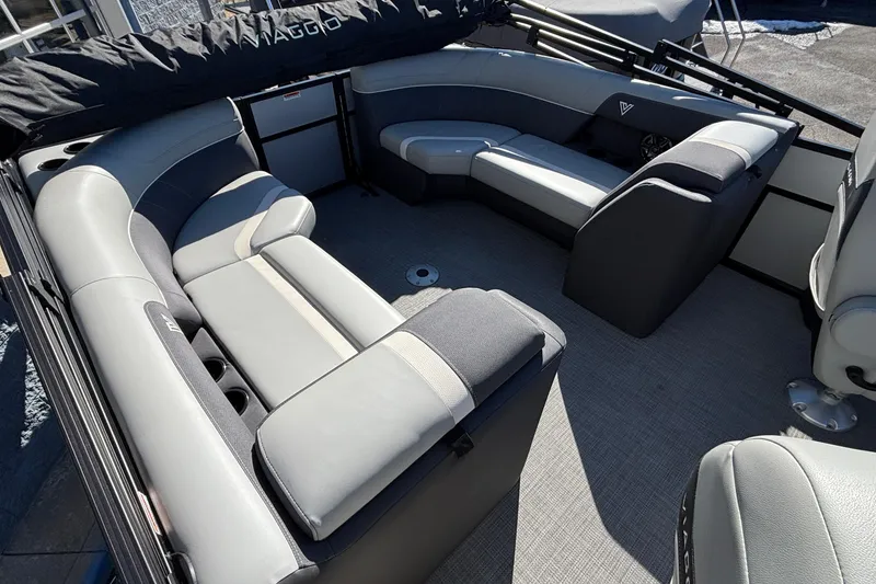 Slide: The Image of Luxurious interior of 2026 Viaggio X24U pontoon boat with plush seating. - 20
