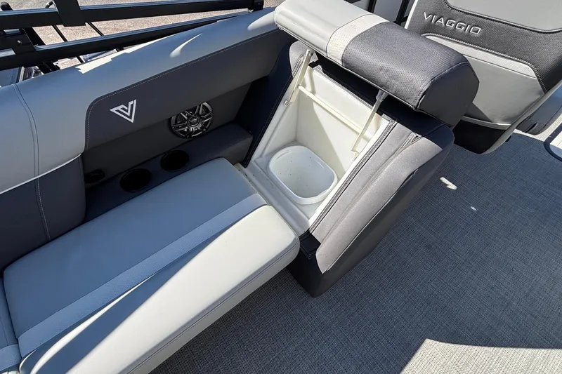 Slide: The Image of Interior of 2026 Viaggio X24U boat with seating and built-in storage compartment. - 21