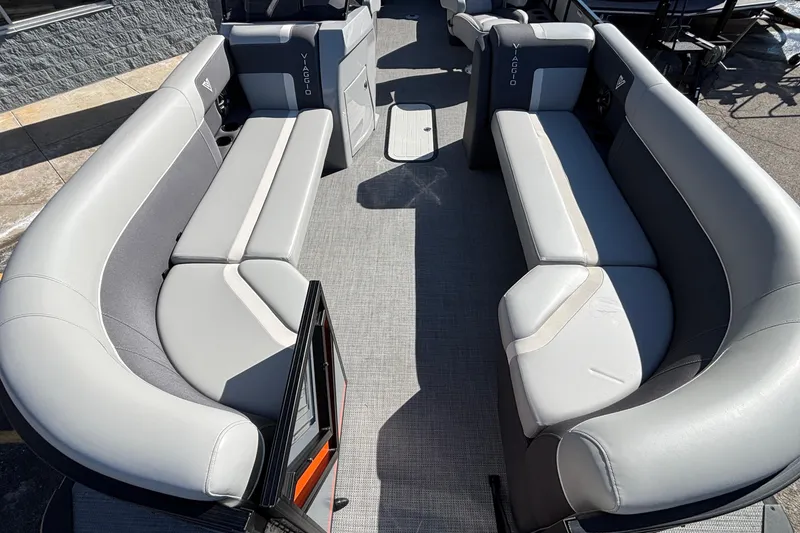 Slide: The Image of Luxurious seating on 2026 Viaggio X24U boat, featuring sleek gray upholstery and spacious layout. - 24