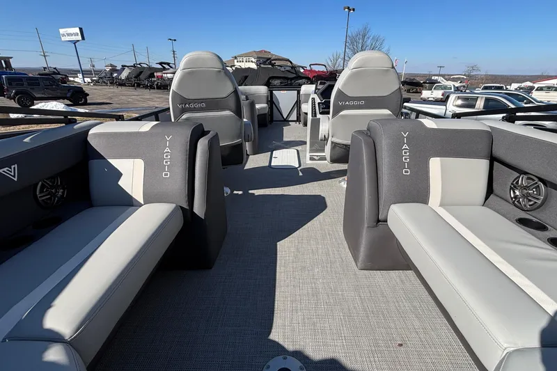 Slide: The Image of Luxurious 2026 Viaggio X24U boat interior with gray seating and modern design. - 28